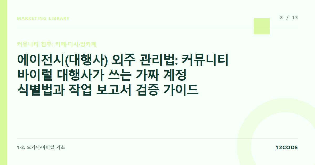 12code 라이브러리 아티클 표지. 에이전시(대행사) 외주 관리법: 커뮤니티 바이럴 대행사가 쓰는 가짜 계정 식별법과 작업 보고서 검증 가이드