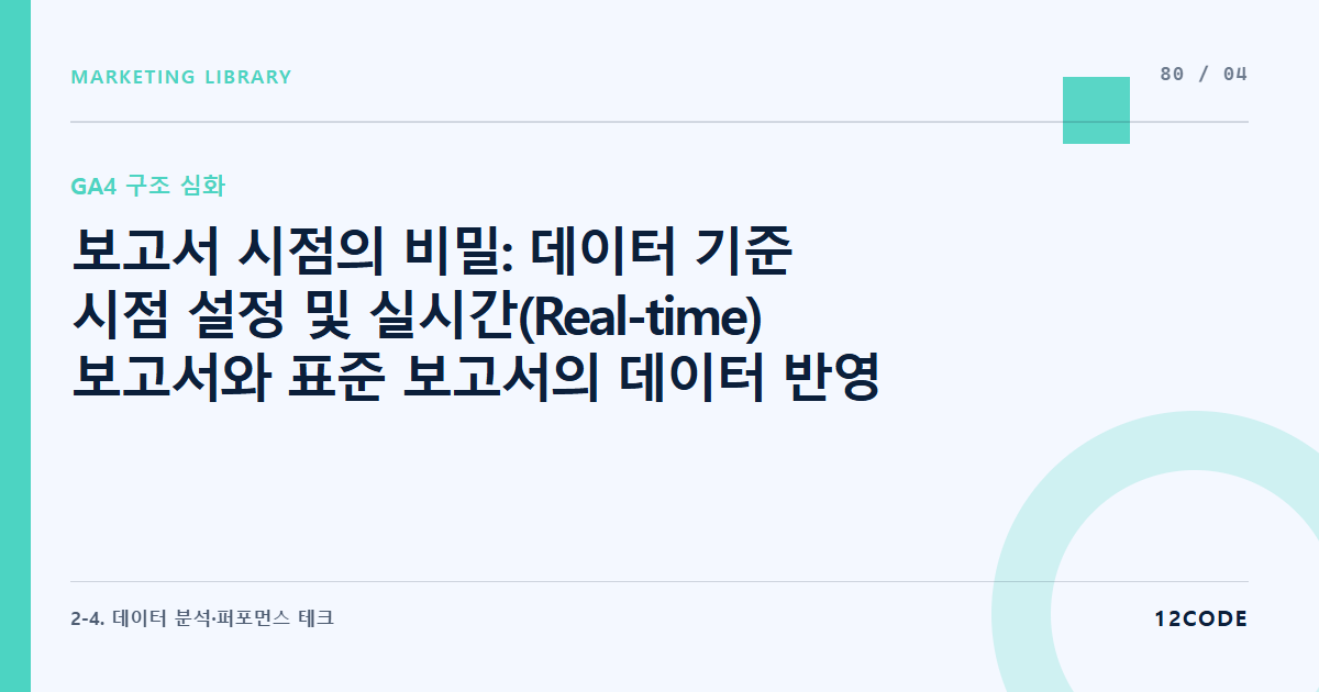 12code 라이브러리 아티클 표지. 보고서 시점의 비밀: 데이터 기준 시점 설정 및 실시간(Real-time) 보고서와 표준 보고서의 데이터 반영 시차 트래킹