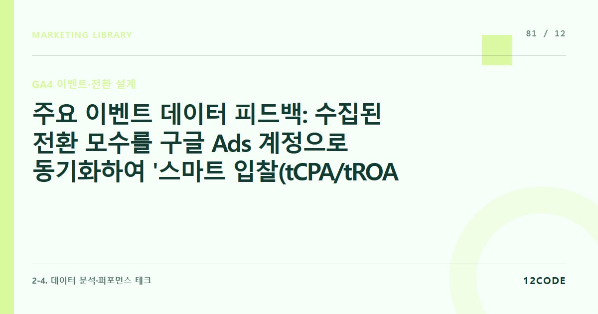 12code 라이브러리 아티클 표지. 주요 이벤트 데이터 피드백: 수집된 전환 모수를 구글 Ads 계정으로 동기화하여 '스마트 입찰(tCPA/tROAS)' 최적화 소스로 활용하기