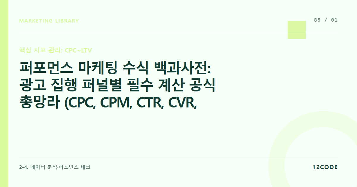 12code 라이브러리 아티클 표지. 퍼포먼스 마케팅 수식 백과사전: 광고 집행 퍼널별 필수 계산 공식 총망라 (CPC, CPM, CTR, CVR, CPA, ROAS, ROI)