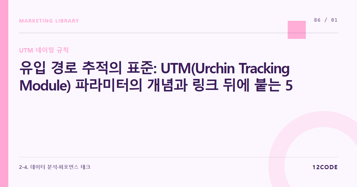12code 라이브러리 아티클 표지. 유입 경로 추적의 표준: UTM(Urchin Tracking Module) 파라미터의 개념과 링크 뒤에 붙는 5대 필수 변수의 역할 이해