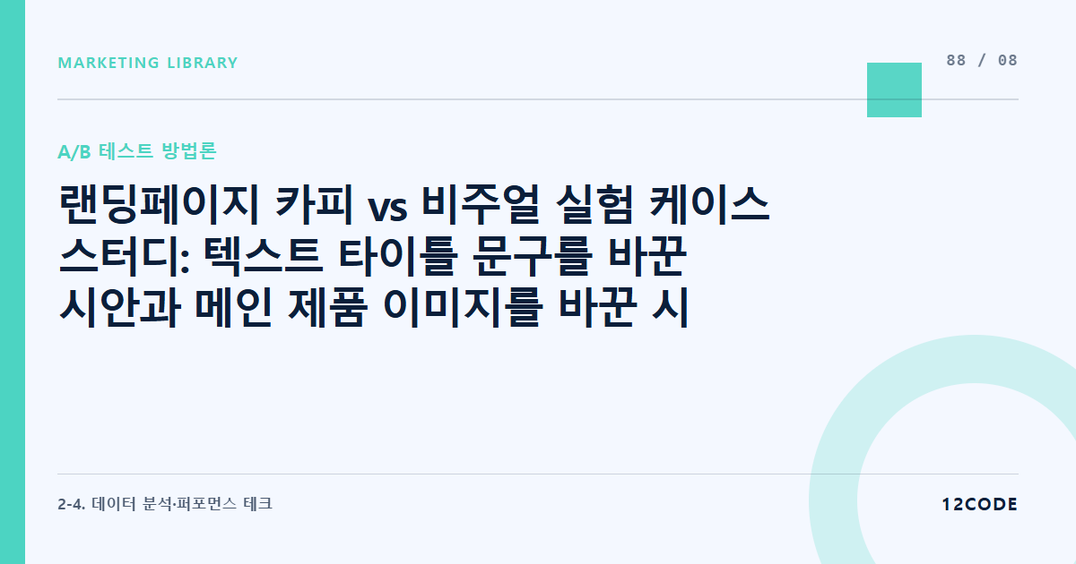 12code 라이브러리 아티클 표지. 랜딩페이지 카피 vs 비주얼 실험 케이스 스터디: 텍스트 타이틀 문구를 바꾼 시안과 메인 제품 이미지를 바꾼 시안의 최종 회원가입률 승패 도출