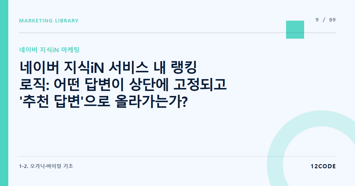 12code 라이브러리 아티클 표지. 네이버 지식iN 서비스 내 랭킹 로직: 어떤 답변이 상단에 고정되고 '추천 답변'으로 올라가는가?