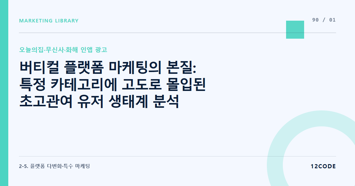 12code 라이브러리 아티클 표지. 버티컬 플랫폼 마케팅의 본질: 특정 카테고리에 고도로 몰입된 초고관여 유저 생태계 분석
