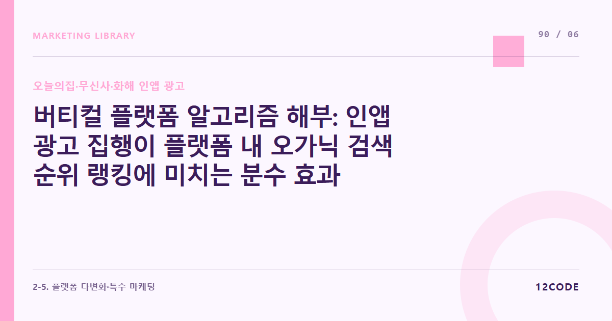 12code 라이브러리 아티클 표지. 버티컬 플랫폼 알고리즘 해부: 인앱 광고 집행이 플랫폼 내 오가닉 검색 순위 랭킹에 미치는 분수 효과