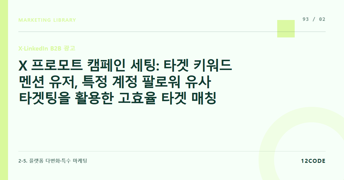 12code 라이브러리 아티클 표지. X 프로모트 캠페인 세팅: 타겟 키워드 멘션 유저, 특정 계정 팔로워 유사 타겟팅을 활용한 고효율 타겟 매칭