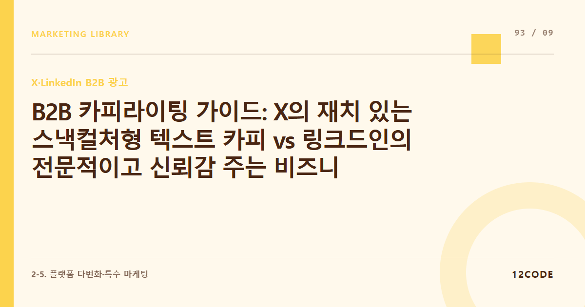 12code 라이브러리 아티클 표지. B2B 카피라이팅 가이드: X의 재치 있는 스낵컬처형 텍스트 카피 vs 링크드인의 전문적이고 신뢰감 주는 비즈니스 카피 대조 기획
