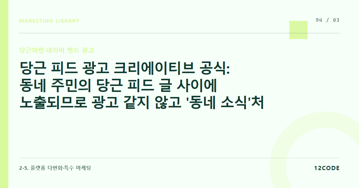 12code 라이브러리 아티클 표지. 당근 피드 광고 크리에이티브 공식: 동네 주민의 당근 피드 글 사이에 노출되므로 광고 같지 않고 '동네 소식'처럼 보이는 소재 기획