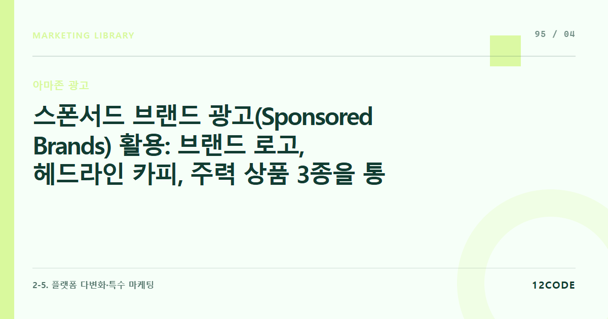 12code 라이브러리 아티클 표지. 스폰서드 브랜드 광고(Sponsored Brands) 활용: 브랜드 로고, 헤드라인 카피, 주력 상품 3종을 통합 노출시키는 크리에이티브 기획