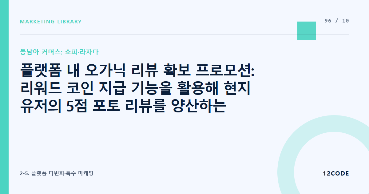 12code 라이브러리 아티클 표지. 플랫폼 내 오가닉 리뷰 확보 프로모션: 리워드 코인 지급 기능을 활용해 현지 유저의 5점 포토 리뷰를 양산하는 서포트 장치