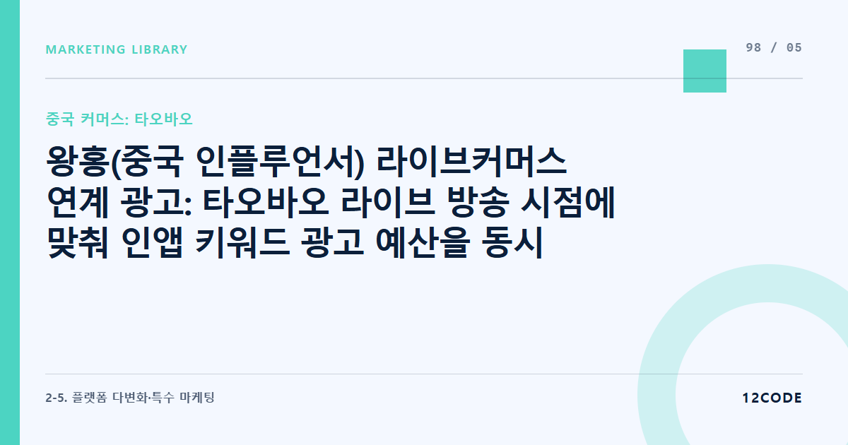 12code 라이브러리 아티클 표지. 왕홍(중국 인플루언서) 라이브커머스 연계 광고: 타오바오 라이브 방송 시점에 맞춰 인앱 키워드 광고 예산을 동시 부스팅하는 기술