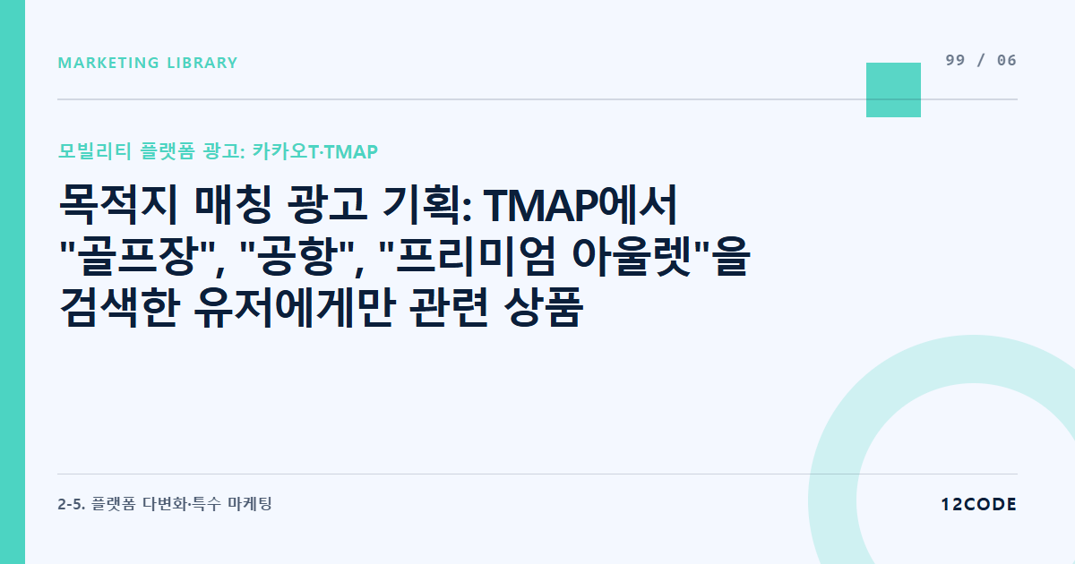 12code 라이브러리 아티클 표지. 목적지 매칭 광고 기획: TMAP에서 "골프장", "공항", "프리미엄 아울렛"을 검색한 유저에게만 관련 상품 광고 스폰서드 노출하기