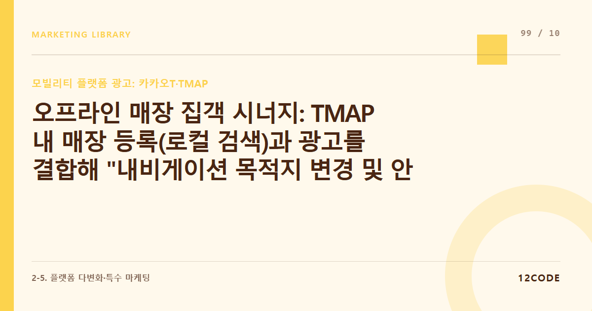 12code 라이브러리 아티클 표지. 오프라인 매장 집객 시너지: TMAP 내 매장 등록(로컬 검색)과 광고를 결합해 "내비게이션 목적지 변경 및 안내 시작" 전환 유도