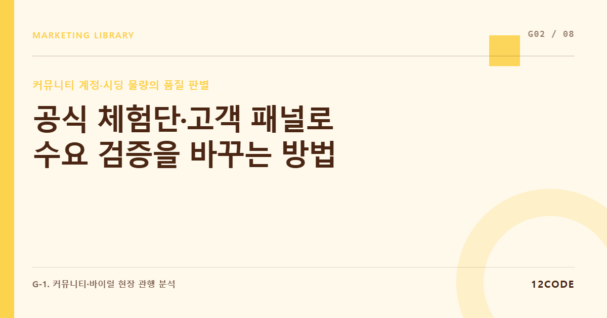 12code 라이브러리 아티클 표지. 공식 체험단·고객 패널로 수요 검증을 바꾸는 방법