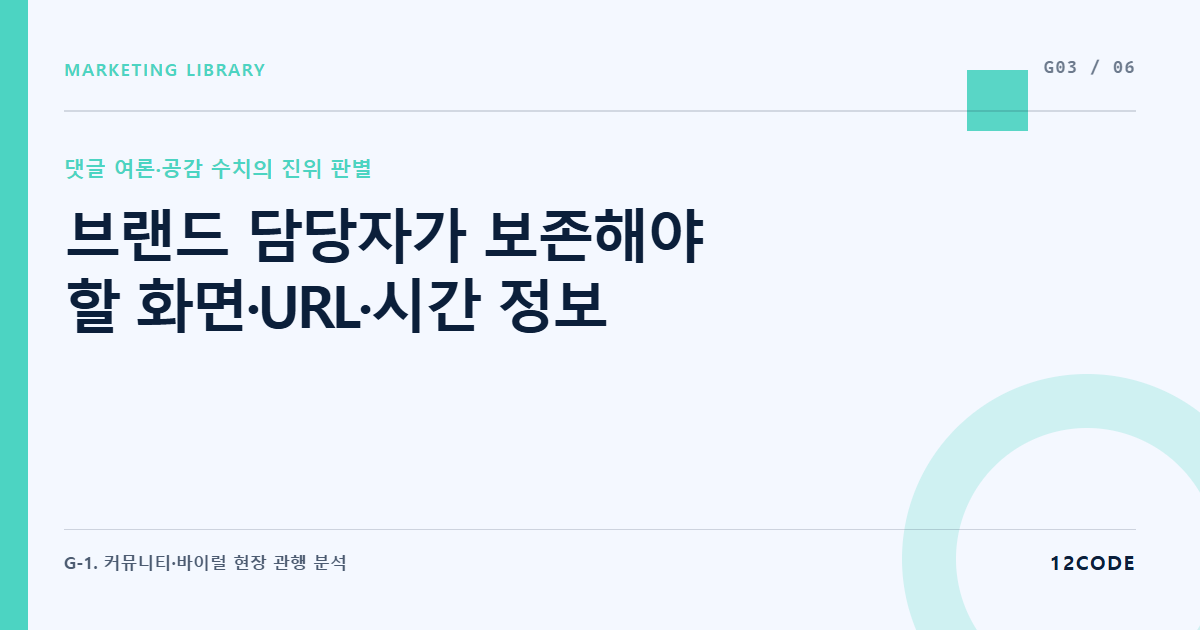 12code 라이브러리 아티클 표지. 브랜드 담당자가 보존해야 할 화면·URL·시간 정보