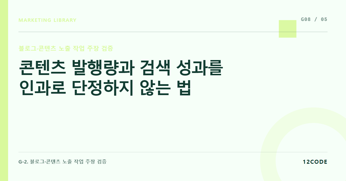 12code 라이브러리 아티클 표지. 콘텐츠 발행량과 검색 성과를 인과로 단정하지 않는 법