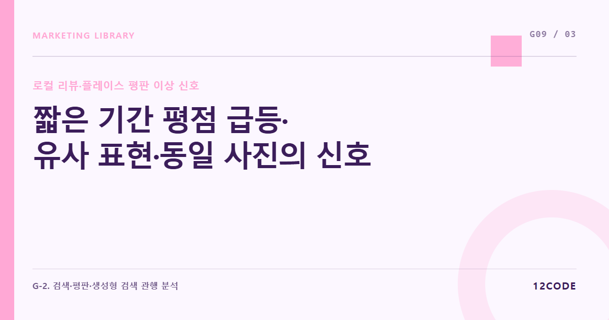 12code 라이브러리 아티클 표지. 짧은 기간 평점 급등·유사 표현·동일 사진의 신호