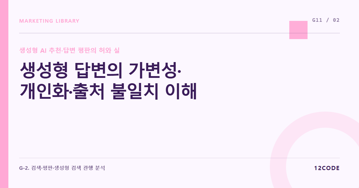 12code 라이브러리 아티클 표지. 생성형 답변의 가변성·개인화·출처 불일치 이해