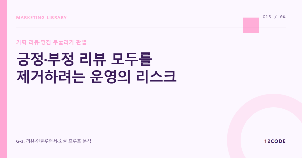 12code 라이브러리 아티클 표지. 긍정·부정 리뷰 모두를 제거하려는 운영의 리스크