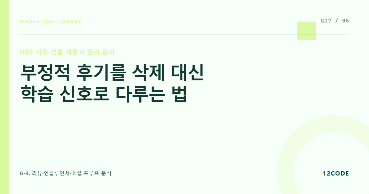 12code 라이브러리 아티클 표지. 부정적 후기를 삭제 대신 학습 신호로 다루는 법