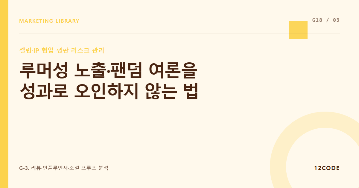 12code 라이브러리 아티클 표지. 루머성 노출·팬덤 여론을 성과로 오인하지 않는 법