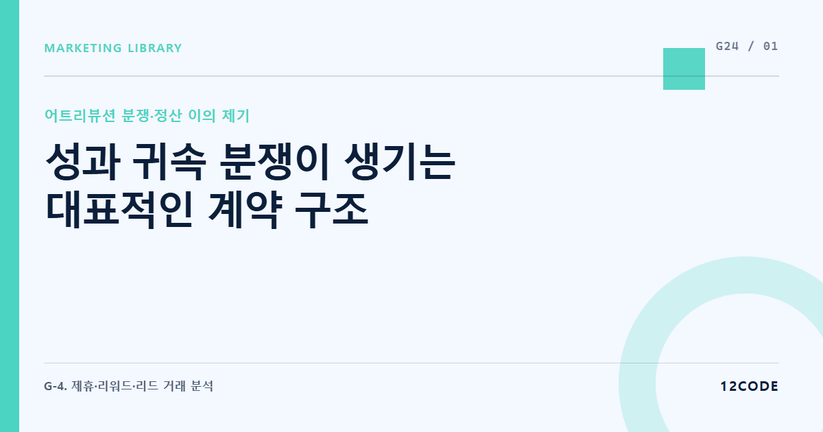 12code 라이브러리 아티클 표지. 성과 귀속 분쟁이 생기는 대표적인 계약 구조
