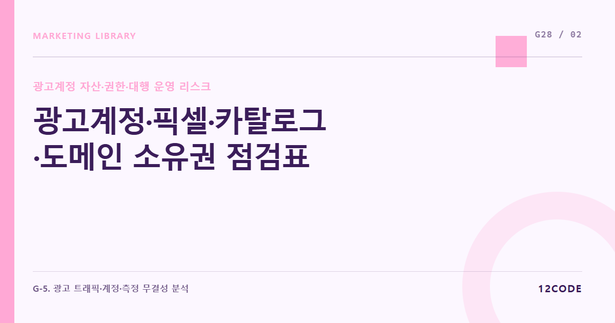 12code 라이브러리 아티클 표지. 광고계정·픽셀·카탈로그·도메인 소유권 점검표
