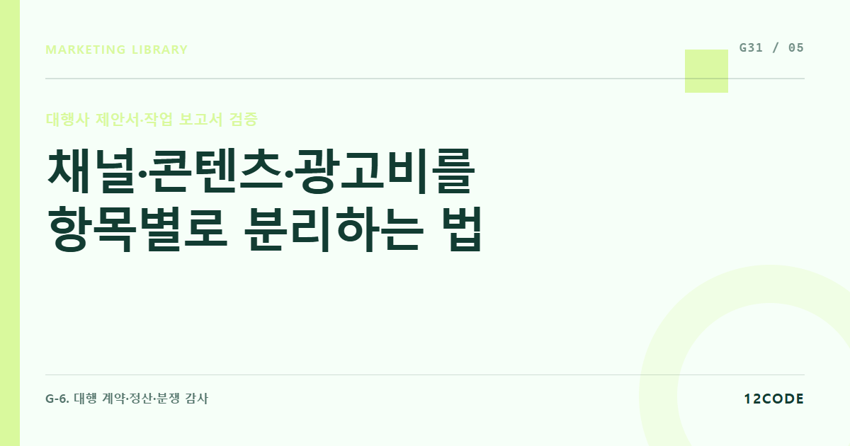 12code 라이브러리 아티클 표지. 채널·콘텐츠·광고비를 항목별로 분리하는 법