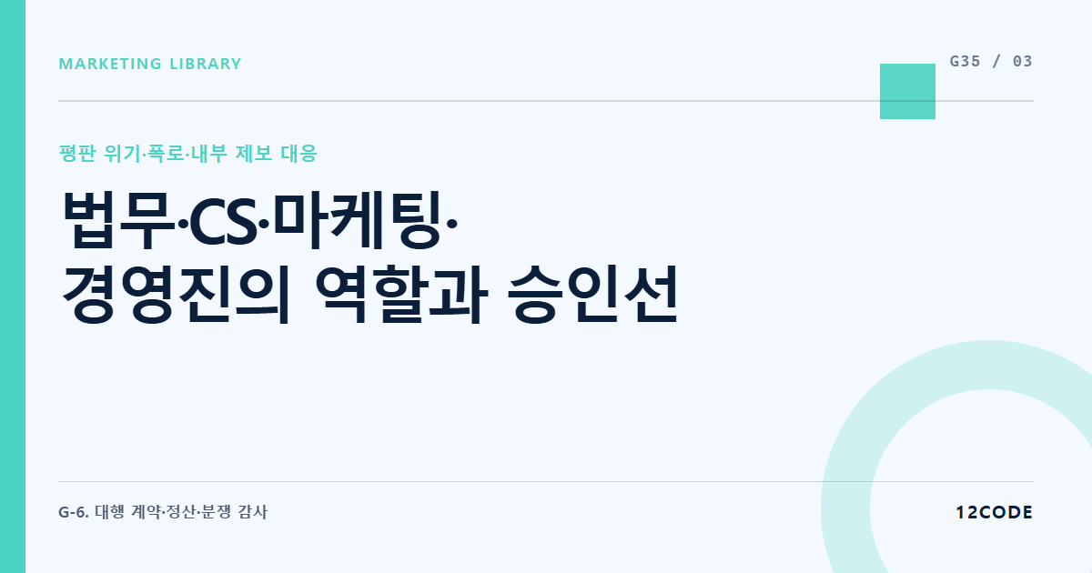 12code 라이브러리 아티클 표지. 법무·CS·마케팅·경영진의 역할과 승인선