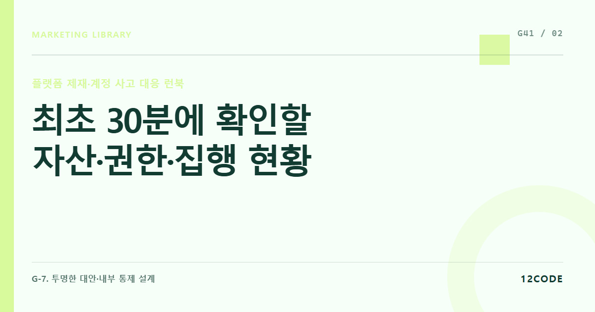 12code 라이브러리 아티클 표지. 최초 30분에 확인할 자산·권한·집행 현황