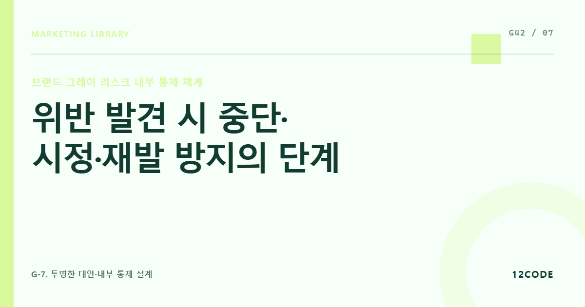 12code 라이브러리 아티클 표지. 위반 발견 시 중단·시정·재발 방지의 단계